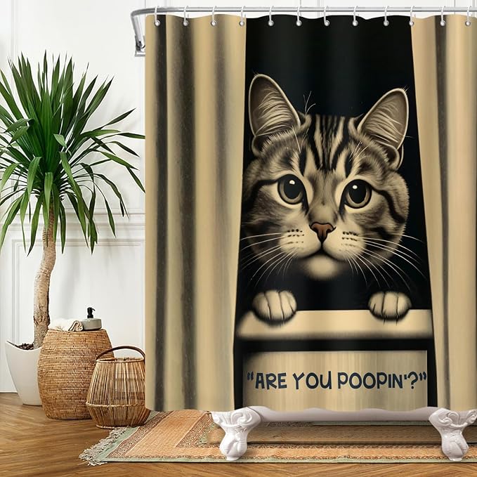 Cat Shower Curtains Cute are You Poopin' Funny Humorous Animal Whimsical Bathroom Curtain Curious Joke Cat Shower Curtain Sets for Bathroom Extra Long 72x72 in with 12 Hooks