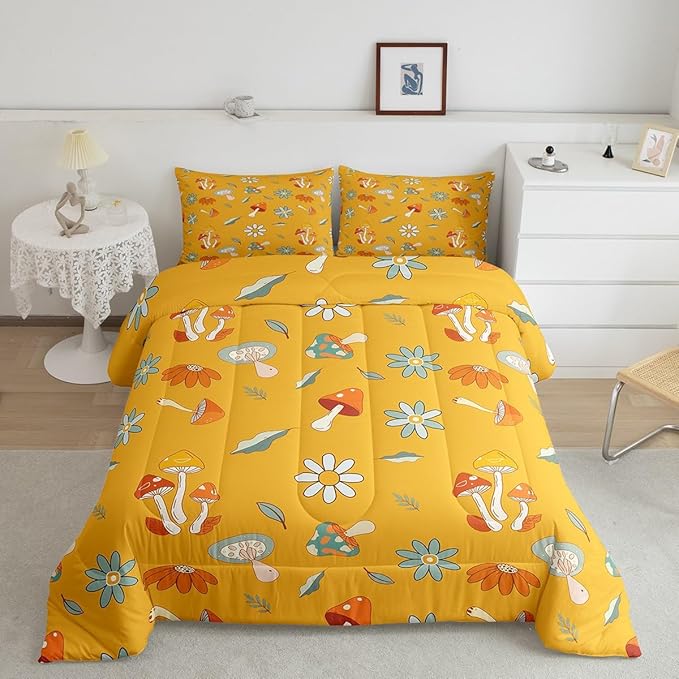 Castle Fairy Retro Hippie Mushroom Queen Size Comforter Set,Groovy Flowers Floral Bedding Set with 2 Pillowcases,Yellow Boho Trippy Breathable Polyester Bedding Comforters