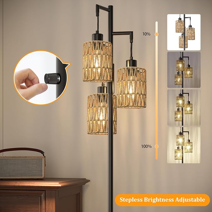 Oneach 68" Floor Lamps for Living Room, Stepless Dimmable Boho Floor Lamp with 3 Bulbs, Tall Farmhouse Industrial Corner Standing Tree Lamp for Bedroom, Office, Study Room, Dining Room, Black