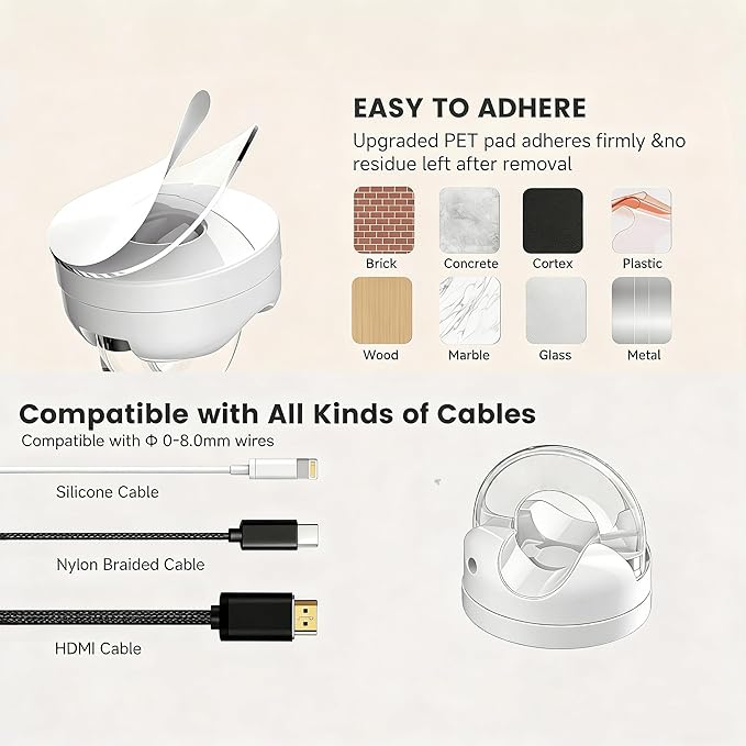 IFNOW Magnetic Cable Clips for Nightstand Self Adhesive Cord Holder Adjustable Clip for Desk, Nightstand, Phone Charger, Computer, Home, Office, Car (White-New, 6PCS)