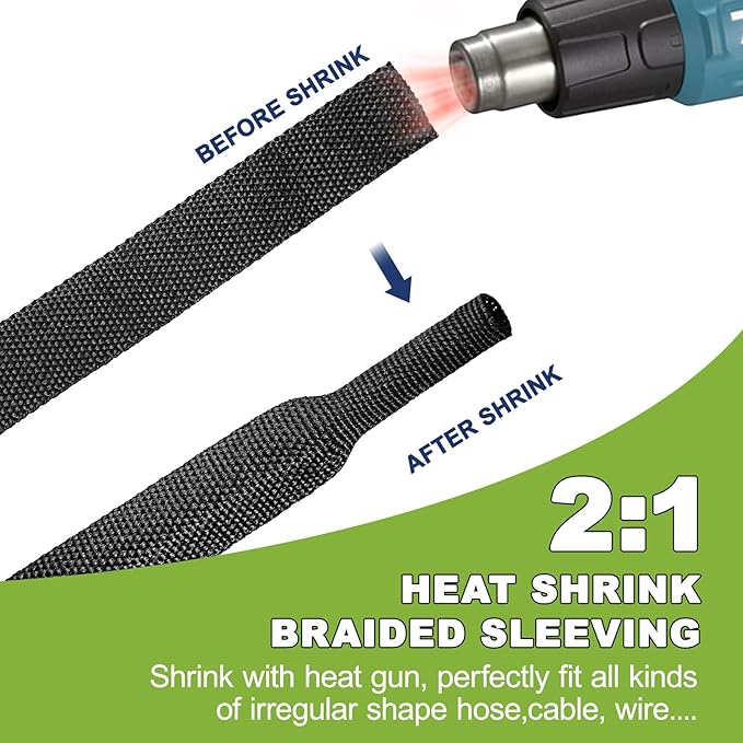 2:1 Heat Shrink Wire Loom Braided Cable Sleeves,Heat Resistant Fabric Woven Shrink Tubing Wiring Harness for Protection Automotive, Harness Cable, Cable Management (1"-16ft)
