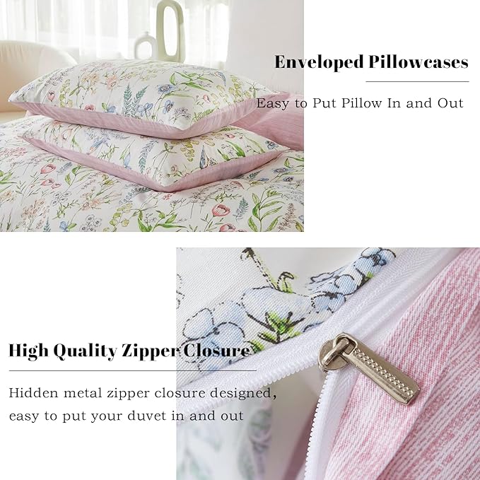 EAVD Vibrant Garden Botanical Floral Duvet Cover Queen Soft Cotton Chic Cute Bird Floral Pattern Bedding Set with 2 Pillowcases Vintage Botanical Duvet Cover with Zipper Closure