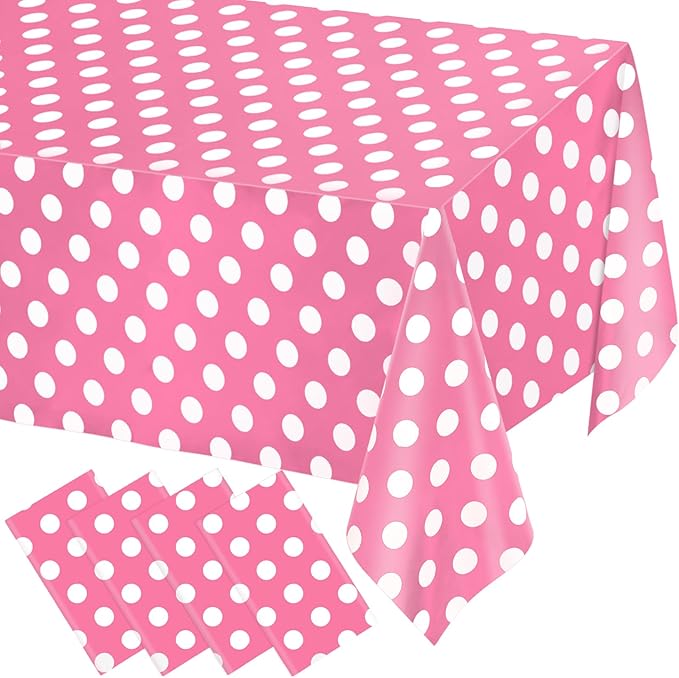 WNINK 4 Pack Pink and White Polka Dot Tablecloths – Pink Disposable Plastic Waterproof Table Cover, 54" x 108", for Birthday, Wedding, Bridal Shower, Bachelor, Pink Girl Party, and Picnic