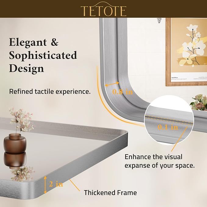 TETOTE 24 x 36 Inch Vanity Mirror, Silver Trimmed Wall Mounted Mirrors, Brushed Silver Rectangle Modern Metal Framed Mirror for Bathroom (Horizontal/Vertical)