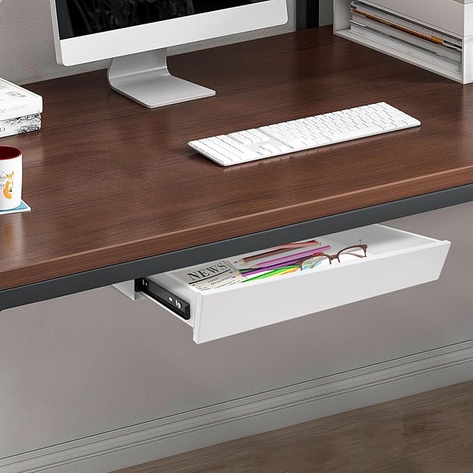 LEYSRIS 21.6" Under Desk Storage Drawer, White Sliding Pull-Out Drawer for Sit Stand Workstation