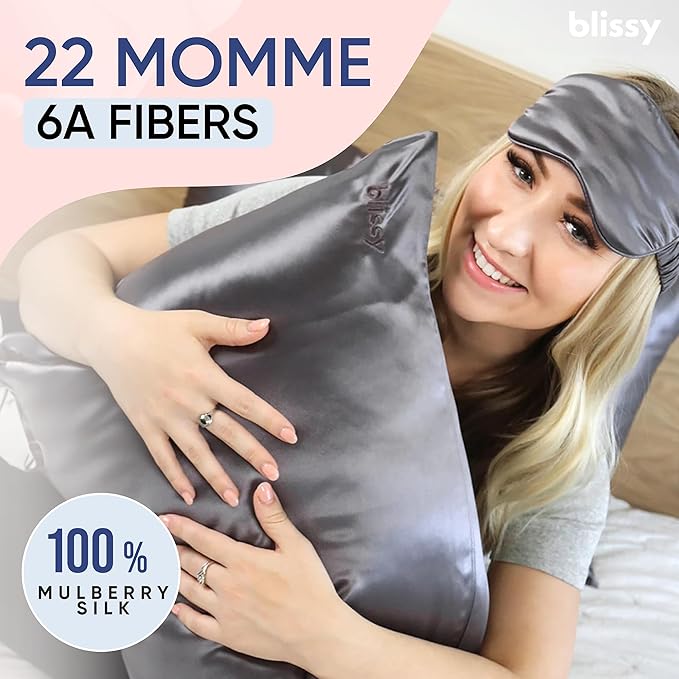 Blissy Silk Pillowcase - 100% Pure Mulberry Silk - 22 Momme 6A High-Grade Fibers - Silk Pillow Cover for Hair & Skin - Regular, Queen & King (Gray, Standard)