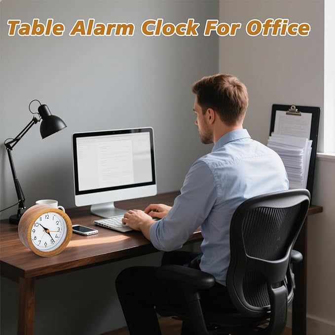 Oxmidud 4'' Natural Wooden Analog Alarm Clock with Soft Night Light - Battery Operated Non-Ticking Silent Tabletop Minimalist Desk & Bedside Clock for Bedrooms Living Room Home Office Decor
