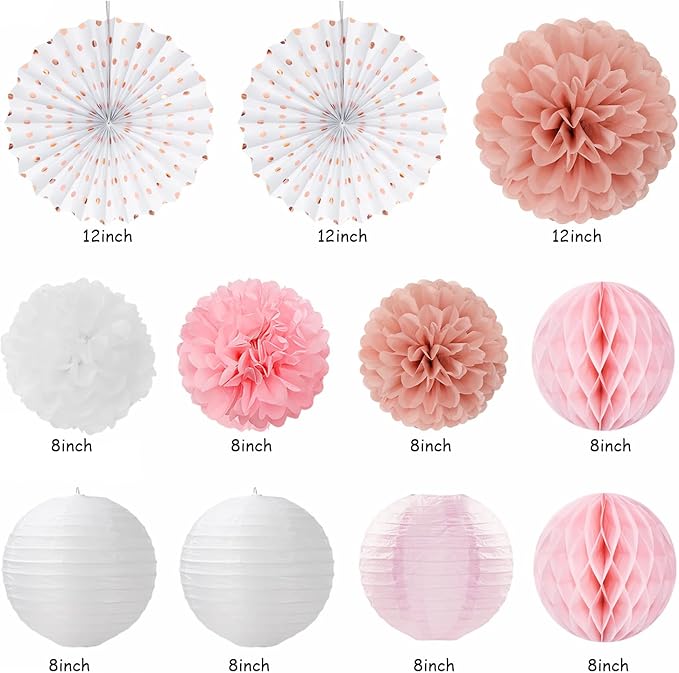 Light-Pink Rose-Gold Bachelorette Party-Decorations - 21pcs Baby Bridal Shower Banner Garland, Bride To Be Paper Streamers Lanterns,flower Tissue Pom Poms Fan Supplies,Wedding Backdrop Decor Huglony