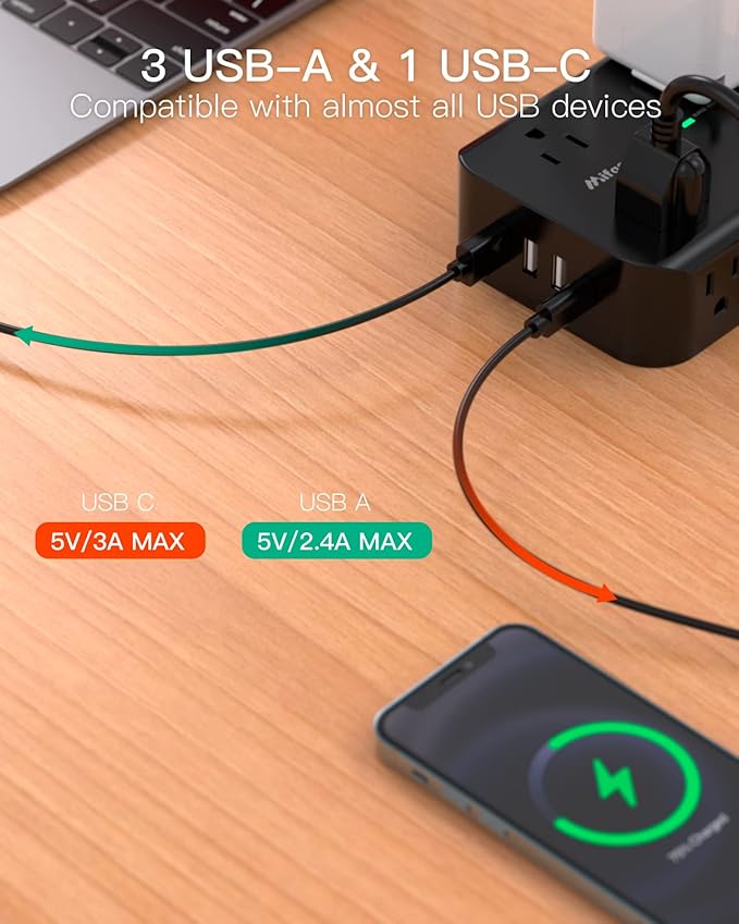 Extension Cord 10 FT, Flat Plug Power Strip Surge Protector with 8 Wide Outlets 4 USB Ports, 3-Side Outlet Extender, Mounted, Overload Protection, for Indoor Home Office, Dorm Room Essentials