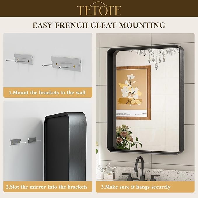 TETOTE 24 x 36 Inch Vanity Mirror, Silver Trimmed Wall Mounted Mirrors, Brushed Silver Rectangle Modern Metal Framed Mirror for Bathroom (Horizontal/Vertical)