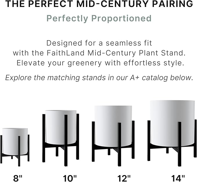 FaithLand 10 Inch Fiberstone Planter - Lightweight Modern Cylinder Plant Pot with Drainage Hole & Plug, Indoor Outdoor Use, Matte White