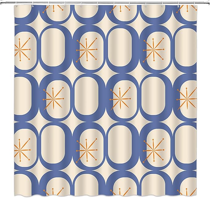 Mid Century Modern Extra Long Shower Curtain Abstract Atomic Geometric Round Squares Retro 50s Blue Fabic with Hooks for Bathroom Decor,70x84 Inch