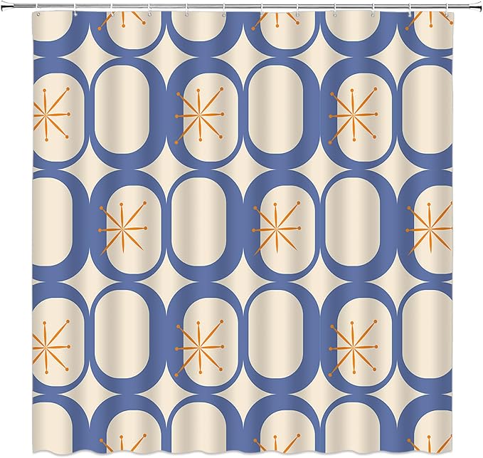 Mid Century Modern Shower Curtain Abstract Atomic Geometric Round Squares Retro 50s Blue Fabric Curtain with Hooks for Bathroom Decor,70x70 Inch