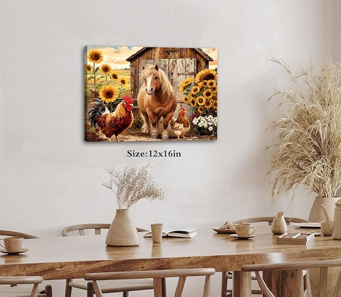 Rustic Farmhouse Horse Wall Art,Vintage Horse Sunflower Canvas Wall Art,Brown Rooster Animals Pictures Wall Decor Framed Artwork for Bedroom Living Room Kitchen Bathroom 12"x16"