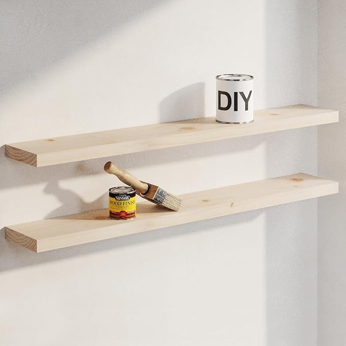Homeforia 36 inch Wood Floating Shelves, High End Solid Natural Wood 36inch Large Floating Shelf Bathroom, Unfinished Wooden Floating Shelves for Wall, Heavy Duty Bracket, 36 X 6.5 X 1.75 in, Set of 3