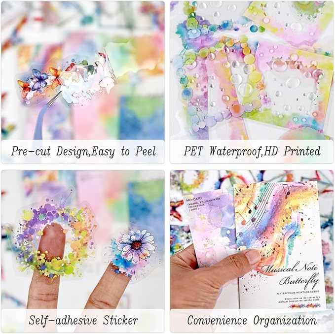 Dwpetzo 120Pcs Watercolor Decorative Stickers for Journaling, 6 Pack Flower Lace Frame Transparent PET Stickers for Scrapbooking, Junk Journal Supplies, Collage, Card Making, Crafts Arts