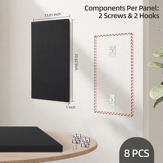 Art3dwallpanels 8 PCS Acoustic Panels, 24''x12'' Fabric Soundproof Wall Panels, Easy-Hook Mounting Sound Absorbing Panels for Studios, Office, Home Theater,Black