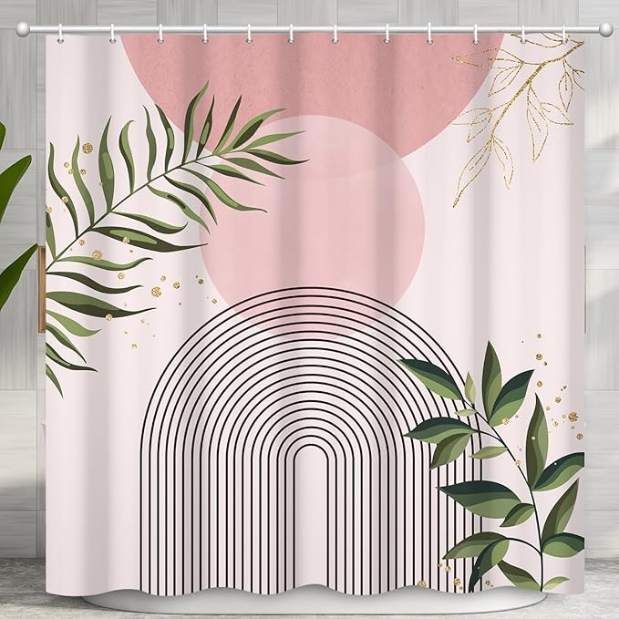 Boho Mid Century Shower Curtain, Pink Modern Minimalist Abstract Geometric Green Gold Plant Leaves Sun Arch Bathroom Curtains Waterproof Fabric Buthtub Curtain Set with Hooks 72" Wx84 L