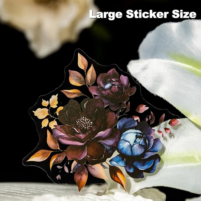 AuriicLeaf Blooming in The Dark Night PET Stickers, 120 Pcs Gothic Dark Floral Stickers for Scrapbooking, Journaling, Collage Supplies, and DIY Crafts