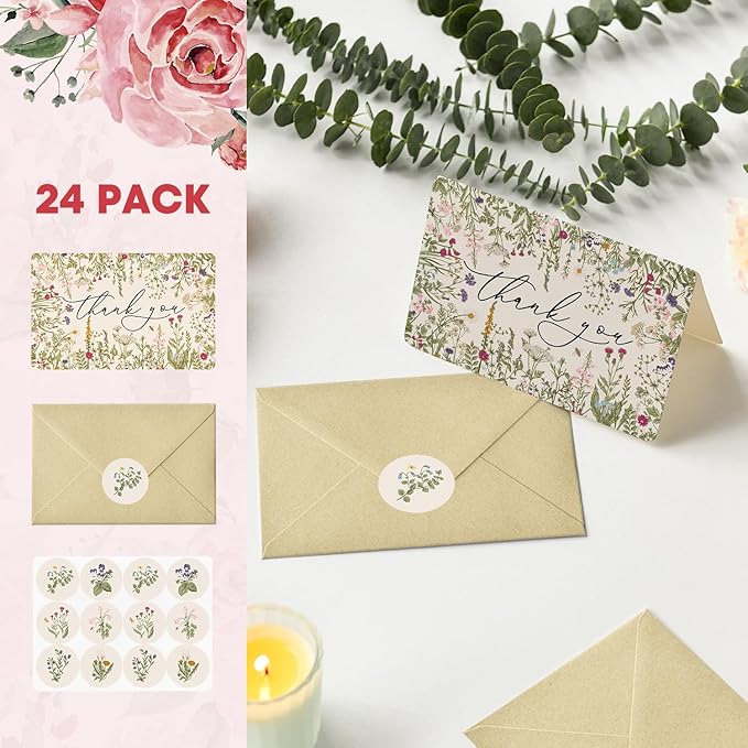 Artoid Mode 24 Pack Leaves Wildflower Thank You Cards Flower Greeting Cards Gift With Envelope Sticker Blank Note Cards for Birthday Wedding Baby Shower Bridal Shower, 4 x 6 Inch