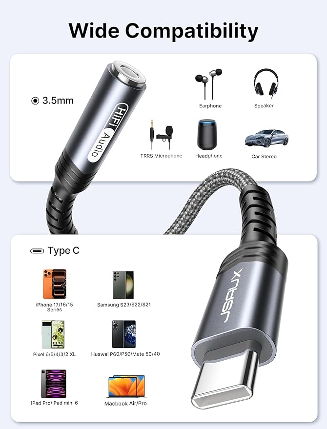 JSAUX USB Type C to 3.5mm Female Headphone Jack Adapter, USB C to Aux Audio Dongle Cable Cord Compatible with iPhone 17 Pro Max/16 Pro/15, Samsung Galaxy S24/S23/S22 Ultra, iPad Pro, Pixel 9/8 Grey