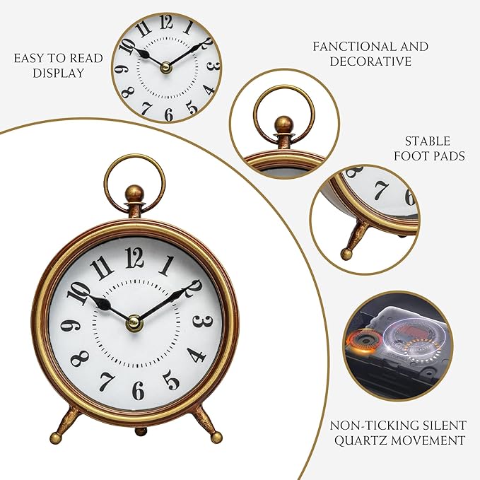 MACVAD EMAX Home Vintage Small Table Clock on Stand,Desk and Shelf Clock Decorative Farmhouse Mantel Non-Ticking Clock Rustic Metal Frame with Antique Gold Finish 9.3 Inch…