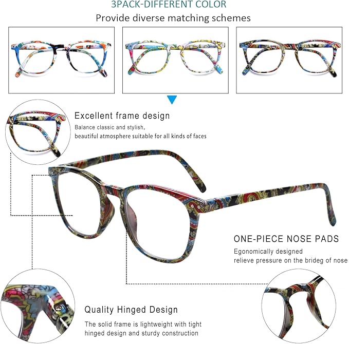 Henotin 3-Pack Blue Light Blocking Reading Glasses,Spring Hinge Computer Readers for Men Women,Anti UV Ray Filter Eyeglasses (readers for women, 2.5)