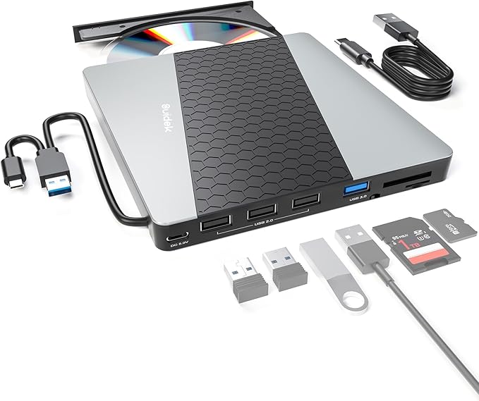 External CD DVD Drive, USB 3.0 USB C Portable CD DVD +/-RW Burner DVD Player for Laptop with SD/Micro SD Card Reader 8 in 1 Hub Compatible with Laptop Mac PC Windows Linux