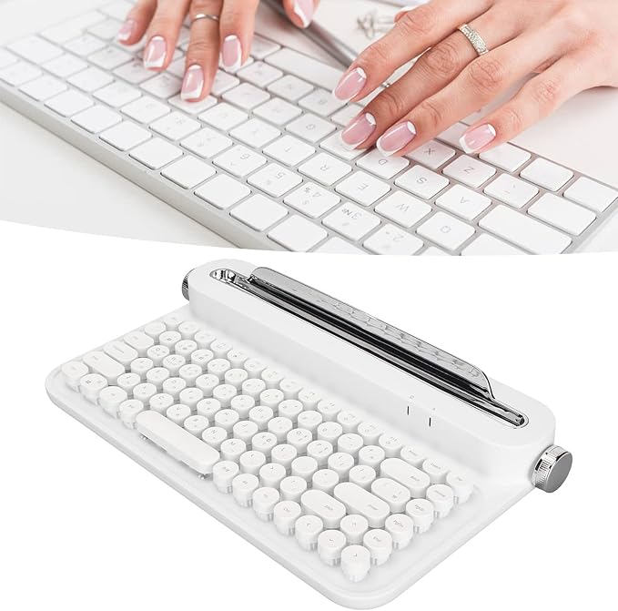 OPPWONG Vintage Bluetooth Keyboard 86 Keys Portable Wireless Keyboard with Red Esc Replacement Keycap Integrated Stand Recess Design for Smartphones, Tablets, Laptops (White)