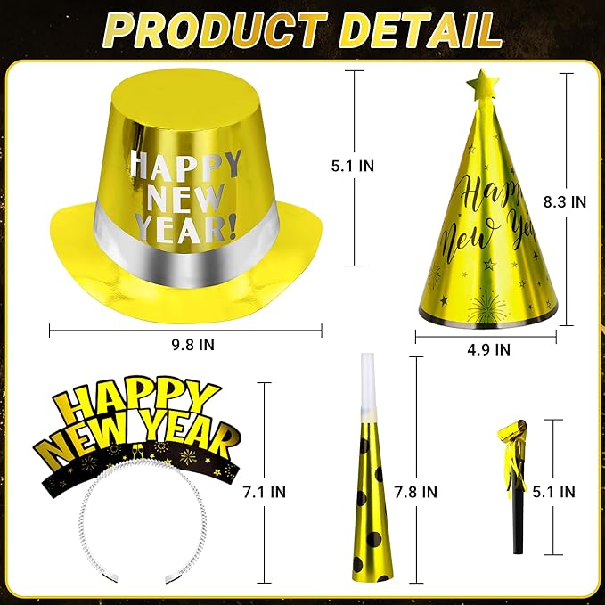 60PCS New Years Eve Party Favors, 30 People New Years Party Hats, Happy Eve Accessories Gold Silver Black, Cardboard Cone Hat Top Party Horn Blowers Tiara Supplies Decorations