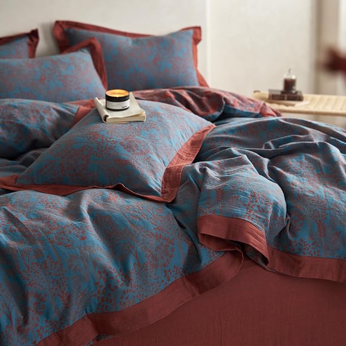Vintage Blue Floral Duvet Cover Queen Retro Forest Theme Jacquard Duvet Cover Reversible Burgundy Floral Comforter Cover Linen Cotton Yarn-Dyed Textured Duvet Cover Botanical Farmhouse Bedding Set