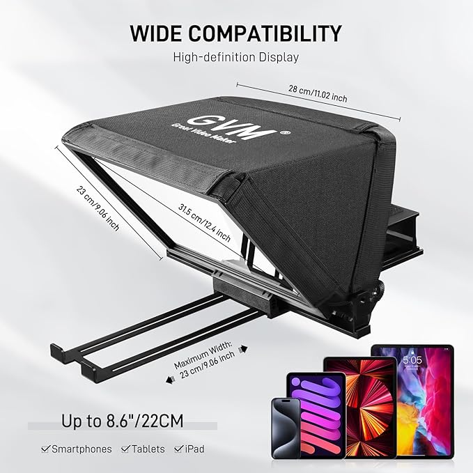GVM 12" Teleprompter kit with Remote Control & App, Collapsible Teleprompter for iPad Tablet Phone DSLR Camera, Prompter with Carry Case, HD Refective Display, for Video Recording/Vlogger