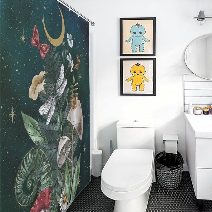 Mushroom Shower Curtain for Bathroom, Fairy Botanical Mushroom Cottagecore Gothic Moth Moon Star Nature Plants Herbs Retro Vintage VWaterproof Fabric Shower Curtain Set with Hooks, 72"x72" Inch