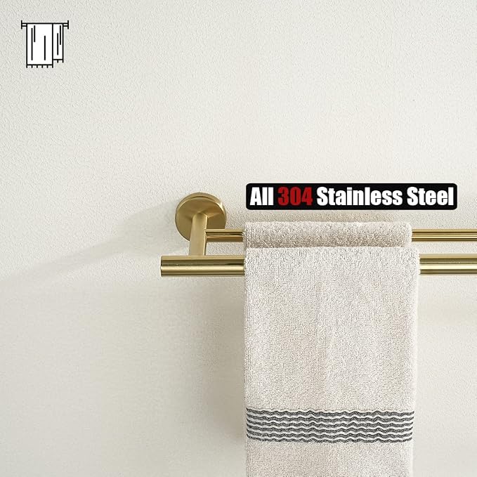 JQK Double Towel Bar 20.5 Inch, Brushed Gold Useable 18 Inch 304 Stainless Steel Thicken 0.8mm Towel Rack Bathroom, Towel Holder Wall Mount, TB100L18-BG