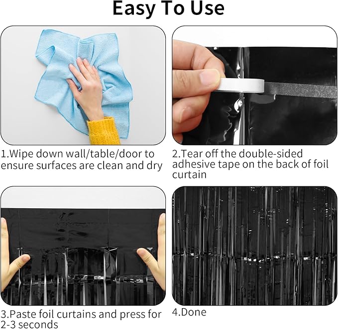 Thicken Black Streamers 2 Pack 3.2 x 8.2 FT, Black Tinsel Backdrop Curtains, Foil Fringe Photo Backdrop for New Years, Halloween, Retirement, Bachelor Party Decorations, Birthday Decorations for Men