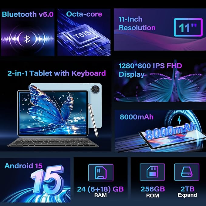 11 Inch Tablet Android 15 Tablet, 2026 Tablets with keyboard, 24GB+256GB+2TB Expand, 2 in 1 Tablets with Case Mouse Stylus, 8000mAh Battery, Octa-Core, Supports Widevine L1, 5G WiFi, GPS (Silver Case)