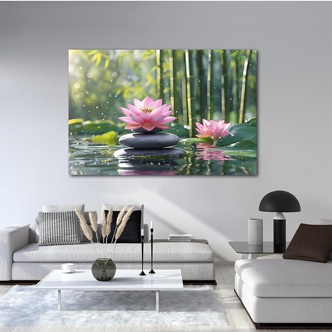 Ethereal pink lotus on obsidian Sunlit bamboo forest with sparkling water drops Poetic nature inspired wall art for tranquil homes and mindful spaces 12x18in Frameless