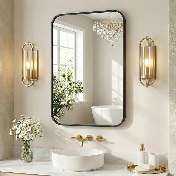 Sweetcrispy Bathroom Mirror for Over Sink, 30x40 Inch Wall Mount Mirror with a Rounded Rectangle and Matte Metal Frame, Modern Wall Vanity Mirrors for Home Decor, Living Room, Bedroom, Black