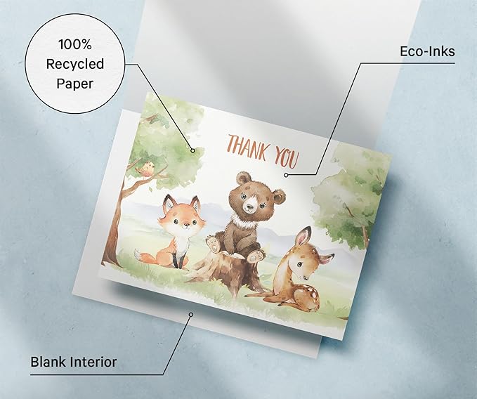 Twigs Baby Shower Thank You Cards with Envelopes - 12 Set Baby Shower Cards for Girl, New Baby Congratulations Cards, Welcome Baby Card, Made in the USA - Forest Animal Designs, 5.5 x 4.25 Inch Size