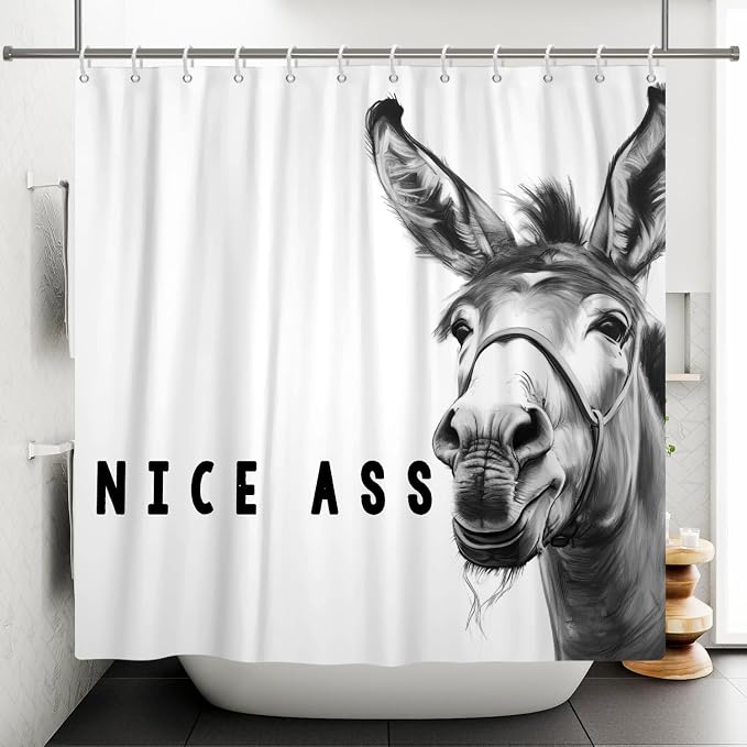 Funny Donkey Shower Curtains Joke Hilarious Animal Bathroom Curtain Rustic Farmhouse Cute Donkey White Shower Curtain Sets for Bathroom Extra Long 69x70 in with 12 Hooks