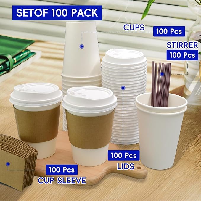 100 Pack 12oz Disposable Coffee Cups With Lids straws sleeves, Disposable cups, Paper Cup, Tea Cups for Hot To Go Coffee k cups with lids, Cupping set,Beverages, shop Home Office Party Travel