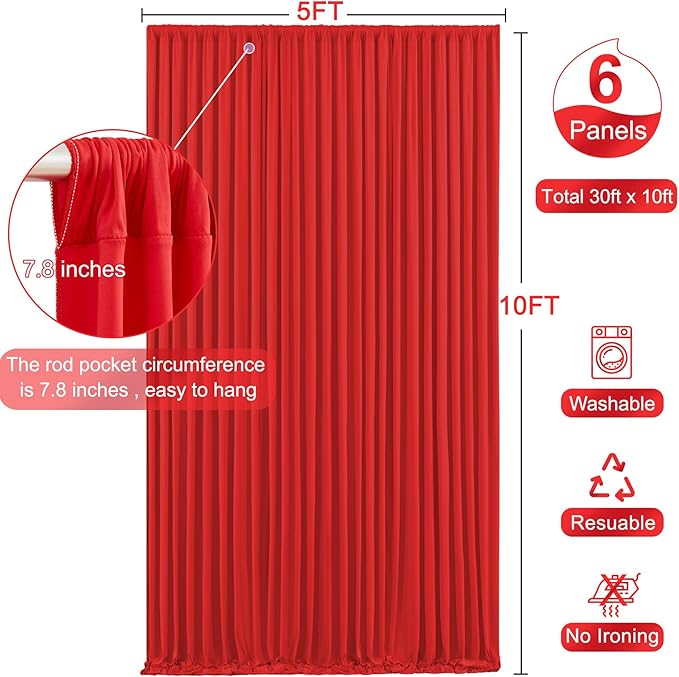 6 Panels Red Backdrop Curtain for Parties Wedding Wrinkle Free Red Photo Curtains Backdrop Drapes Fabric Decoration for Birthday Party Baby Shower Christmas 30ft(W) x 10ft(H)