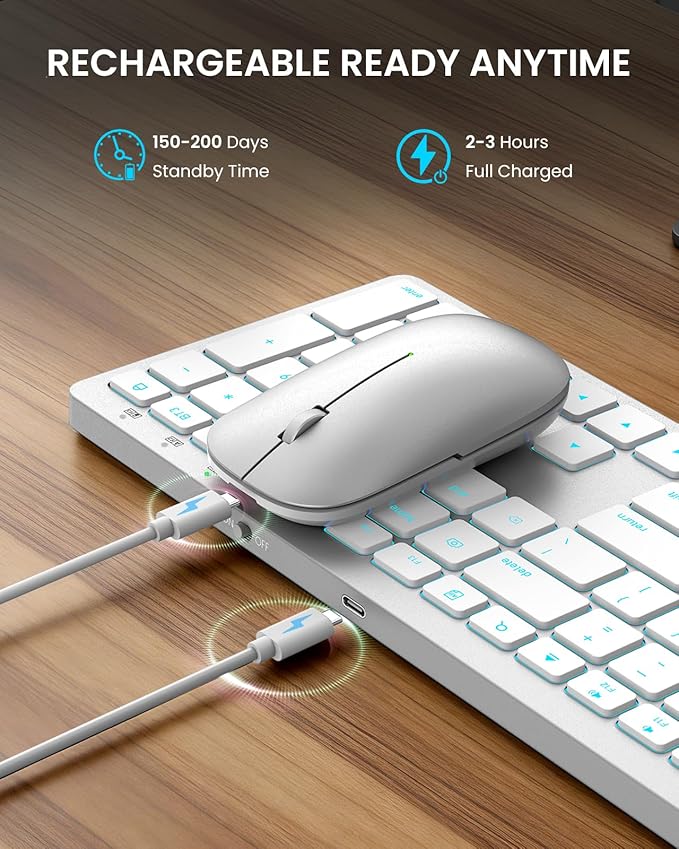 SABLUTE Bluetooth Keyboard and Mouse for Mac — 7-Color Backlit, Multi-Device, Rechargeable, Full-Size Wireless Keyboard Mouse Combo with Quiet Scissor-Switch Keys & Tilt Legs for Mac (Silver White)