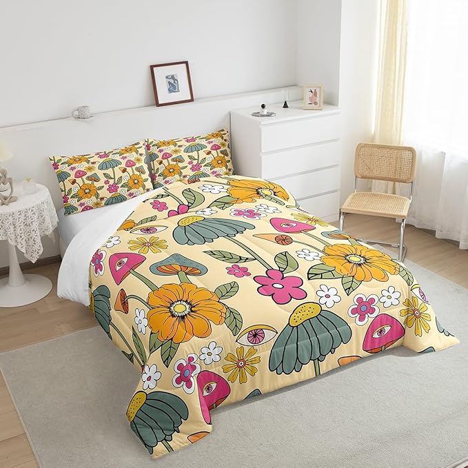 Castle Fairy 70s Retro Floral Twin Size Comforter Set,Hippie Flowers Leaves Duvet Set for Kids Boys Bedroom,Cartoon Eyes Mushroom Soft Microfiber Bedding Comforters,2 Pcs