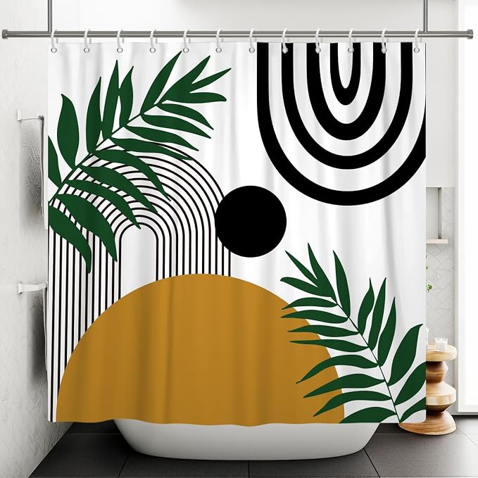 Boho Mid Century Shower Curtain Bohemian Abstract Modern Sun Bathroom Curtain Geometric Arch Curve Leaves Polyester Shower Curtain Sets for Bathroom Extra Long 72x96 in with 12 Hooks