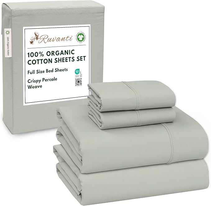 RUVANTI 100% Organic Cotton Sheets Full Size, Percale Weave, GOTS Certified, 4-Piece Set, Deep Pocket 15", Crisp & Breathable, Soft Durable Bedding, Sábanas Algodón Orgánico – Mineral Gray