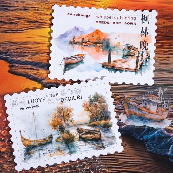 Dwpetzo Vintage Lake Boat Scenery Scrapbook Stickers Set, 120 Pieces Decorative Transparent PET Stickers for Journaling, Junk Journal Supplies, Collage, Scrap Book, Bujo