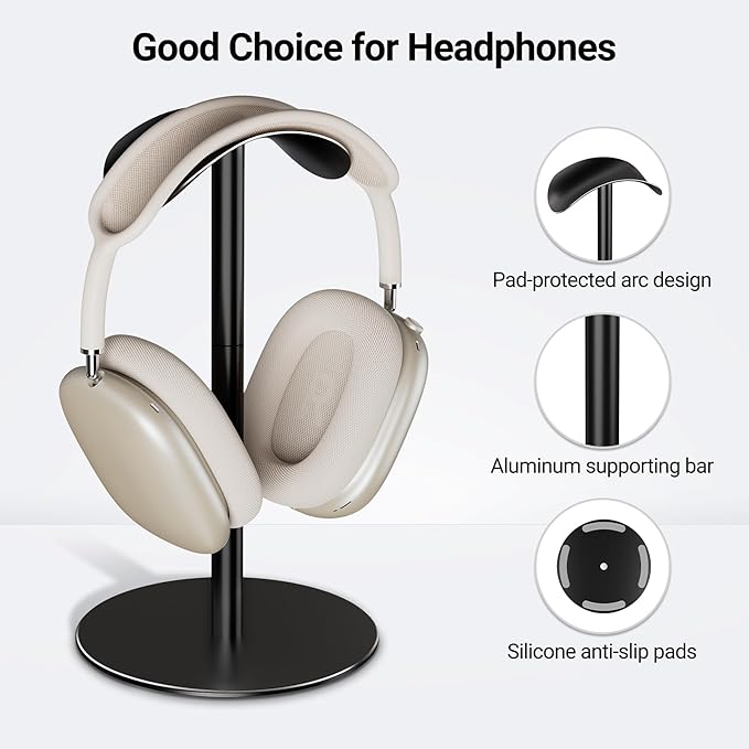 ANSHAWTIY Aluminum Alloy Headphone Stand for Desk, Gaming Headset Holder with Non-Slip Weighted Base, Compatible with AirPods Max and Over-Ear Headsets, Space-Saving Design (Black)