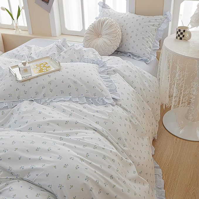 Blue Floral Duvet Cover Full Cute Flower Ruffle Duvet Cover White Soft 100% Cotton Lace Comforter Cover Floral Print Girls Princess Bedding Sets Vintage Botanical Flower Duvet Cover with 2 Pillowcases