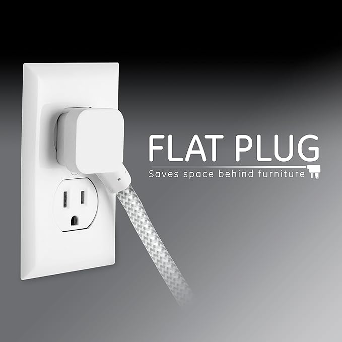 GE 3-Outlet Power Strip Surge Protector 15 Ft Braided Extension Cord with Multiple Outlets Grounded Flat Plug UL Listed White 40530